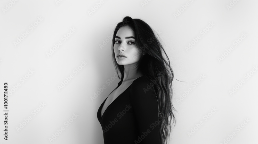 Naklejka premium Beautiful woman in a black outfit posing against a neutral background