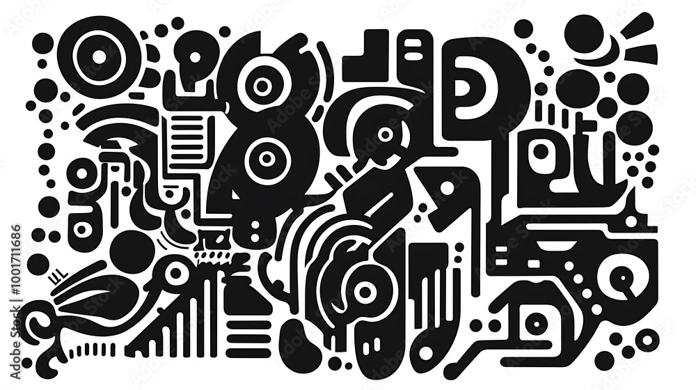 Abstract black and white geometric pattern with circles, lines, and shapes. Abstract black and white geometric pattern with circles, lines, and shapes.