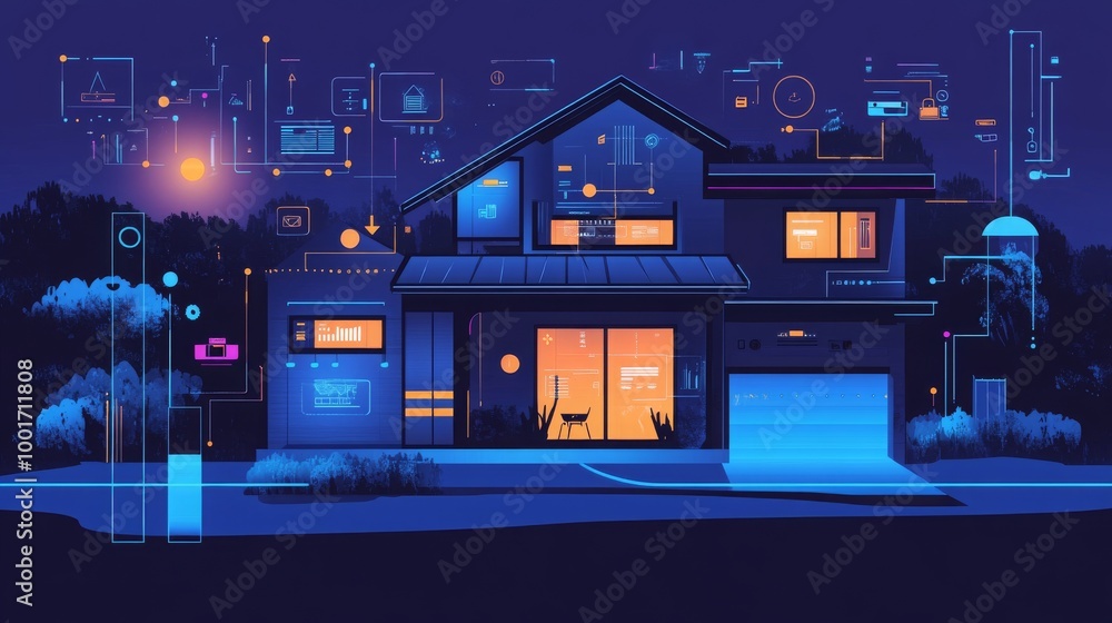 Fototapeta premium Smart home concept showing a user controlling security cameras and electrical appliances via a mobile app, connected through the Internet of Things. 