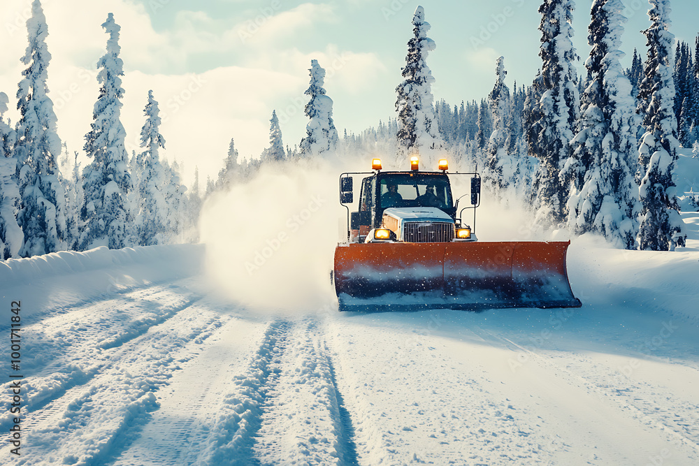 A snow plow clearing the streets, showcasing winter road maintenance and efficient snow removal. A snow plow clearing the streets, showcasing winter road maintenance and efficient snow removal.