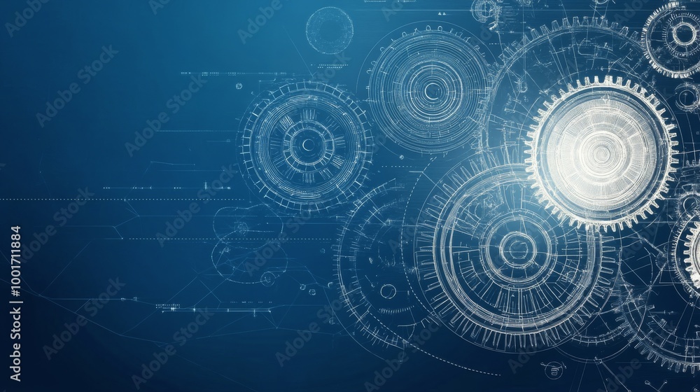 Metal gears on a blueprint background showing mechanical design and engineering concepts Metal gears on a blueprint background showing mechanical design and engineering concepts