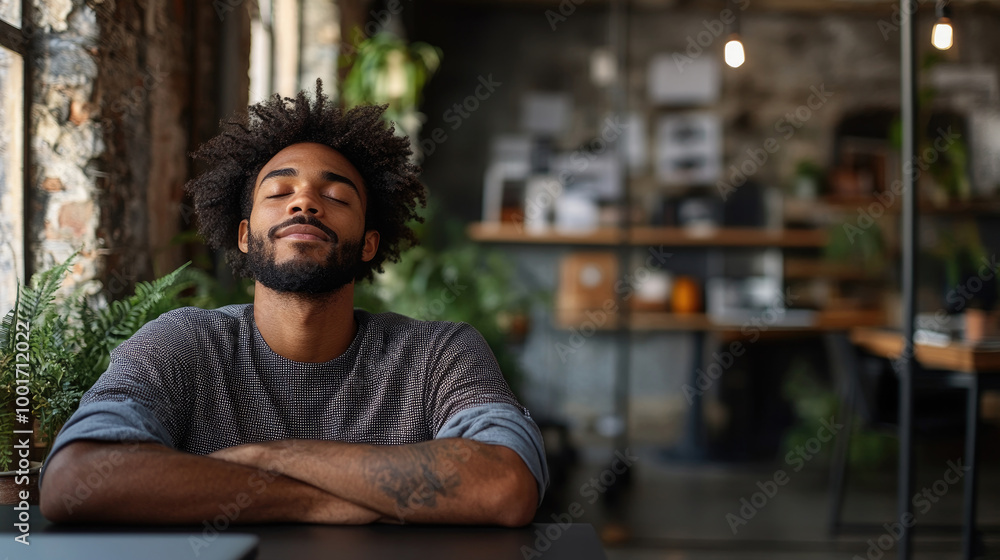 Fototapeta premium A man with curly hair sits back, eyes closed in a relaxed posture, surrounded by greenery in a contemporary workspace