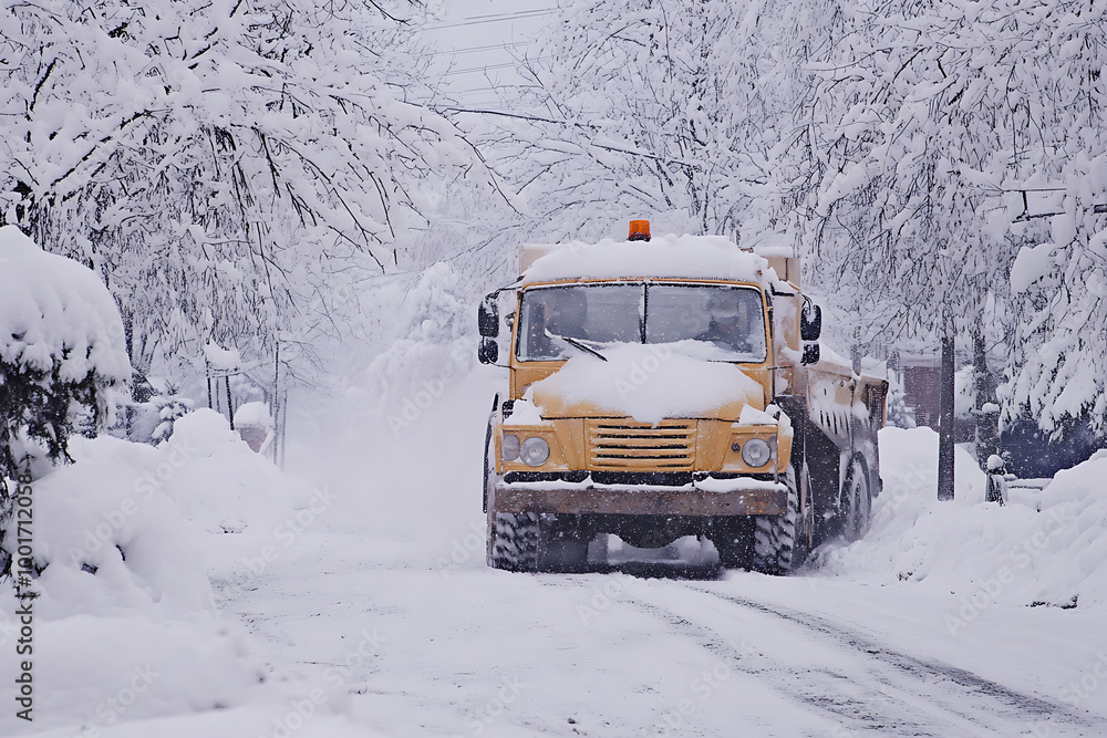 A snow plow clearing the streets, showcasing winter road maintenance and efficient snow removal.
