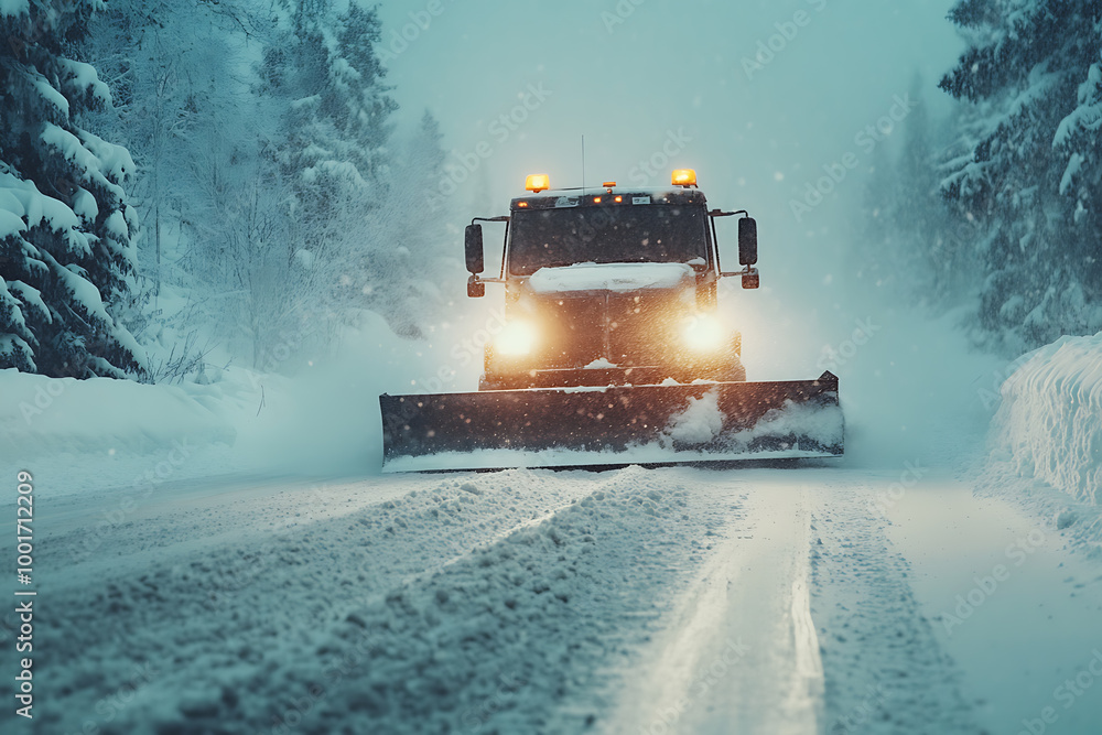 A snow plow clearing the streets, showcasing winter road maintenance and efficient snow removal. A snow plow clearing the streets, showcasing winter road maintenance and efficient snow removal.