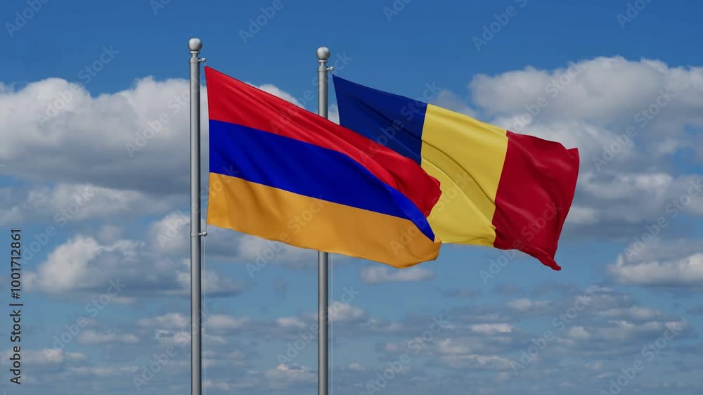 Romania and Armenia flags flying together, video concept of the relationship, two country cooperation concept Romania and Armenia flags flying together, video concept of the relationship, two country cooperation concept