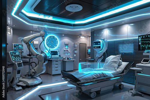 A hospital room with a bed and a robot in it