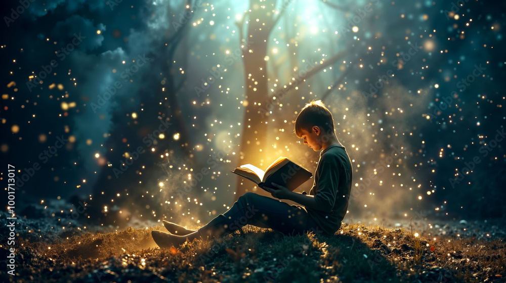 Fototapeta premium A boy sitting on the ground reading a book in the woods