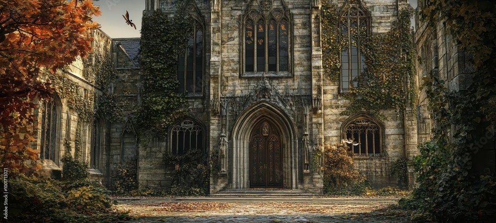 An imposing Gothic university building, with grand, ornate facades and arched doorways An imposing Gothic university building, with grand, ornate facades and arched doorways