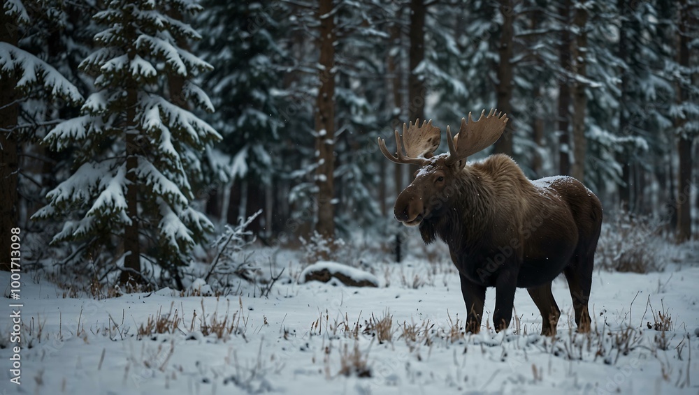Moose in a snowy forest setting Moose in a snowy forest setting