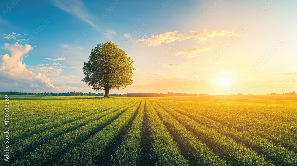 Obraz premium A lone tree stands in a field of green crops as the sun sets on the horizon, casting a warm glow over the landscape.