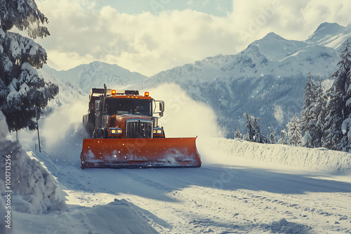 A snow plow clearing the streets, showcasing winter road maintenance and efficient snow removal.