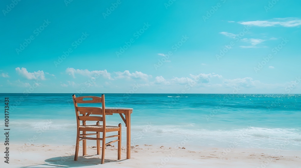 Stylish dining furniture arranged on the beach overlooking the sparkling ocean Stylish dining furniture arranged on the beach overlooking the sparkling ocean