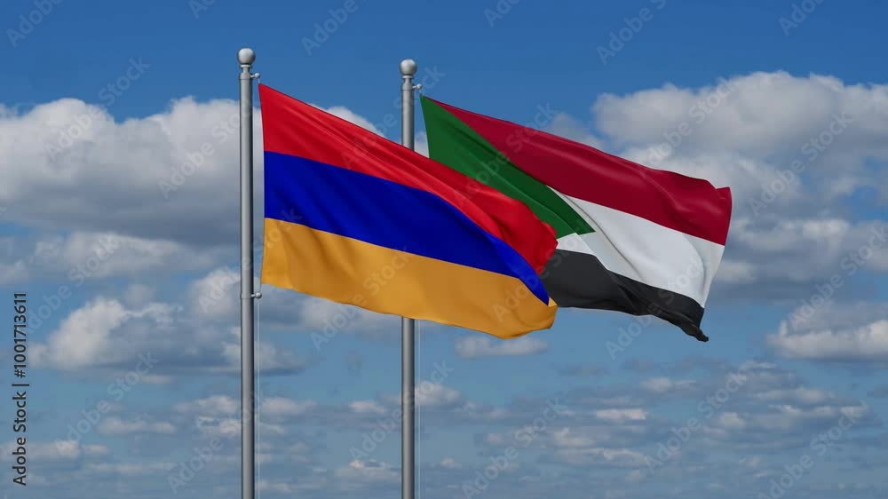 Sudan and Armenia flags flying together, video concept of the relationship, two country cooperation concept Sudan and Armenia flags flying together, video concept of the relationship, two country cooperation concept