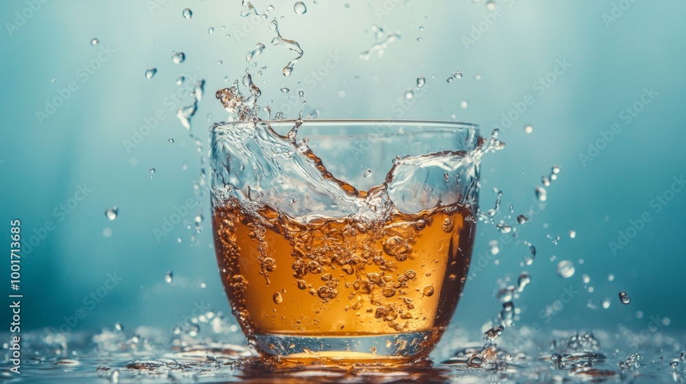 Glass of iced tea with splashing water droplets Glass of iced tea with splashing water droplets