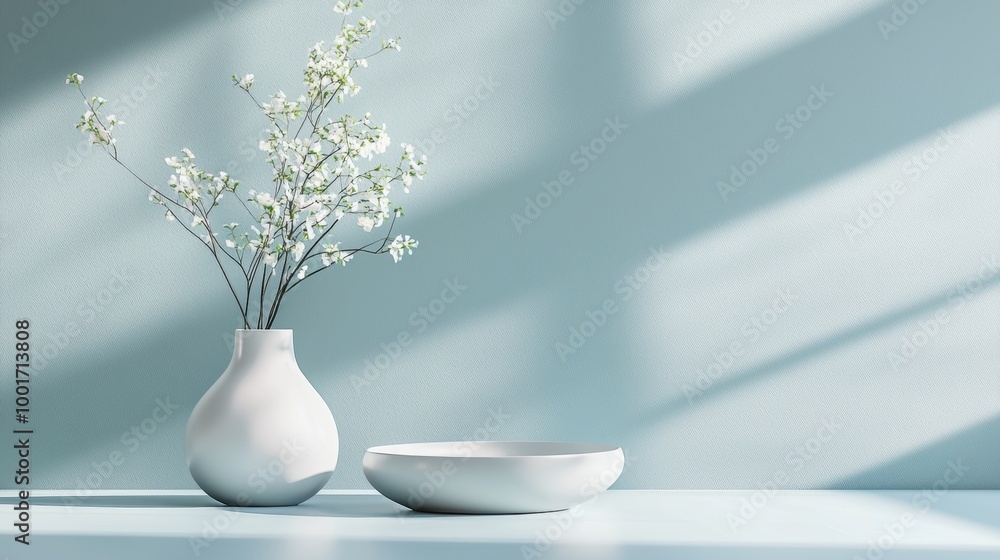 White vase with flowers in minimalist lighting White vase with flowers in minimalist lighting