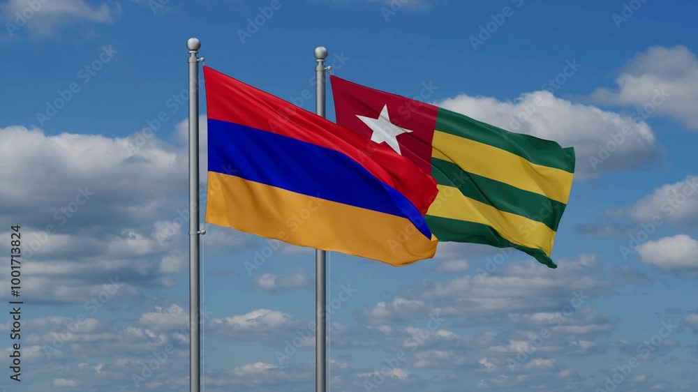 Togo, Togolese Republic and Armenia flags flying together, video concept of the relationship, two country cooperation concept Togo, Togolese Republic and Armenia flags flying together, video concept of the relationship, two country cooperation concept