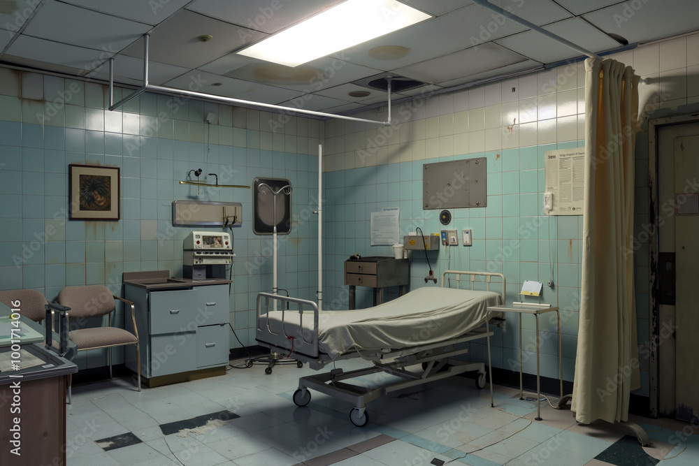 A hospital room with a bed, desk and chair A hospital room with a bed, desk and chair