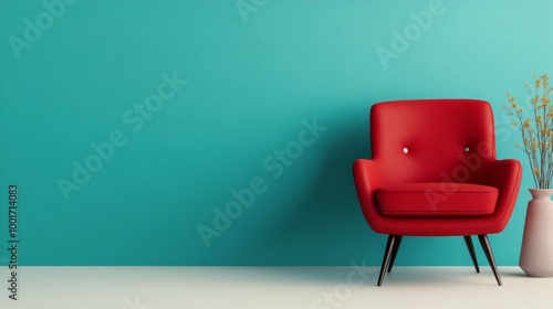 A vibrant red chair against a bright turquoise wall with a decorative vase nearby