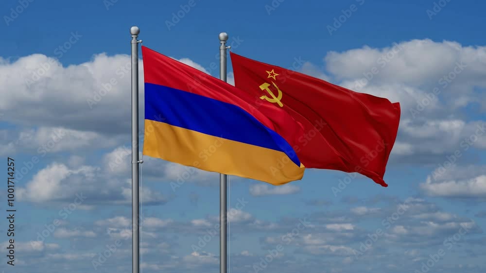 Soviet Union or USSR and Armenia flags flying together, video concept of the relationship, two country cooperation concept Soviet Union or USSR and Armenia flags flying together, video concept of the relationship, two country cooperation concept