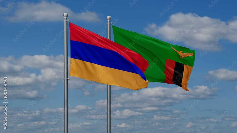 Zambia and Armenia flags flying together, video concept of the relationship, two country cooperation concept Zambia and Armenia flags flying together, video concept of the relationship, two country cooperation concept