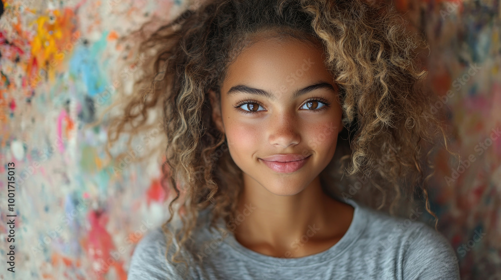 A young girl with beautiful curly hair smiles happily while standing in front of a vibrant, colorful wall indoors