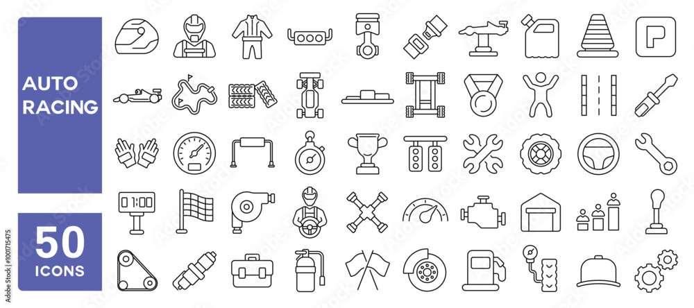 Set of 50 line icons related to auto racing, race, automobiles, competition, championship, flag, wheel, medal, helmet, car, chassis, track, Editable stroke. Vector illustration Set of 50 line icons related to auto racing, race, automobiles, competition, championship, flag, wheel, medal, helmet, car, chassis, track, Editable stroke. Vector illustration