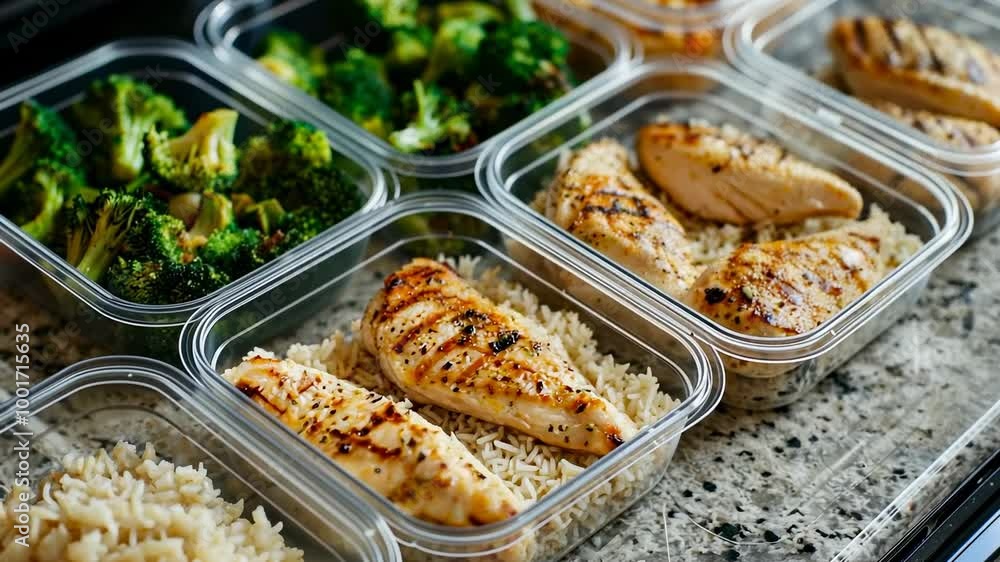 Meal prep containers filled with balanced portions of chicken, rice, and greens on a countertop. Meal prep containers filled with balanced portions of chicken, rice, and greens on a countertop.