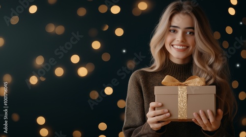 A young woman with blonde hair smiles as she holds a wrapped gift in front of a sparkling background.