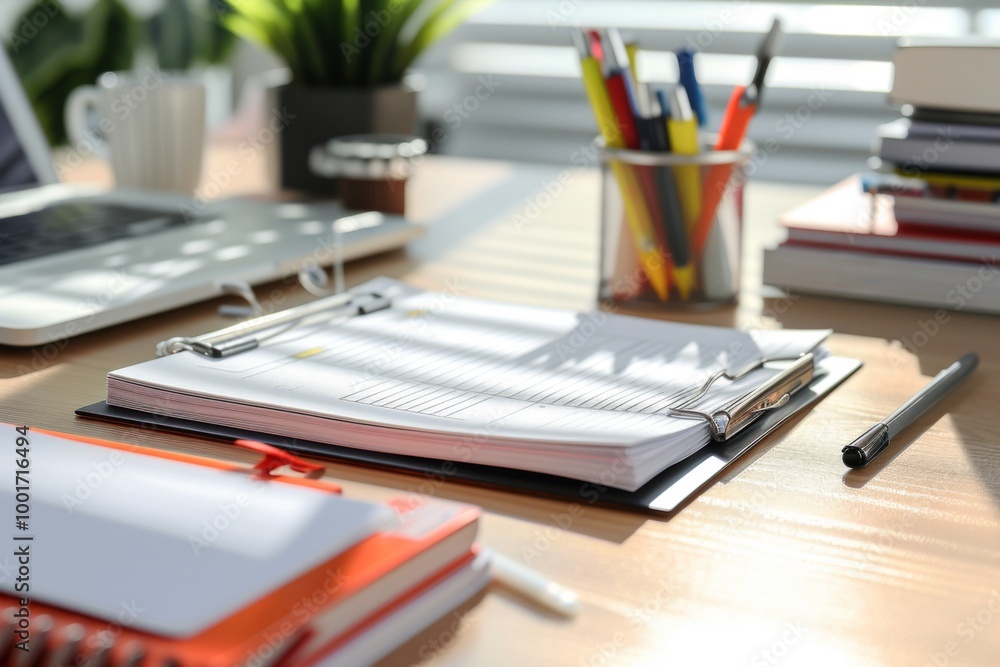 Modern Office Desk Setup with Clipboard and Papers Modern Office Desk Setup with Clipboard and Papers