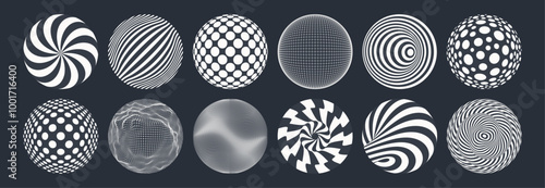 A set of spheres consisting of dots, bars and circles. Abstract element for design. Black and white optical art. 3D vector illustration.