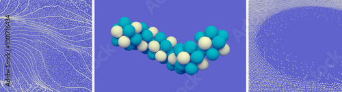 3d molecule structure. Connection structure. Small particles strive out of center. Abstract grid design. Background with dynamic particles. 3d vector illustration for science, technology, presentation