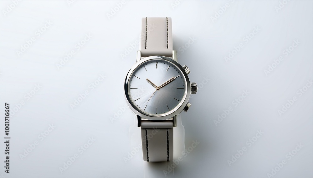 Minimalist wristwatch with clean design, placed on a bright white surface Minimalist wristwatch with clean design, placed on a bright white surface