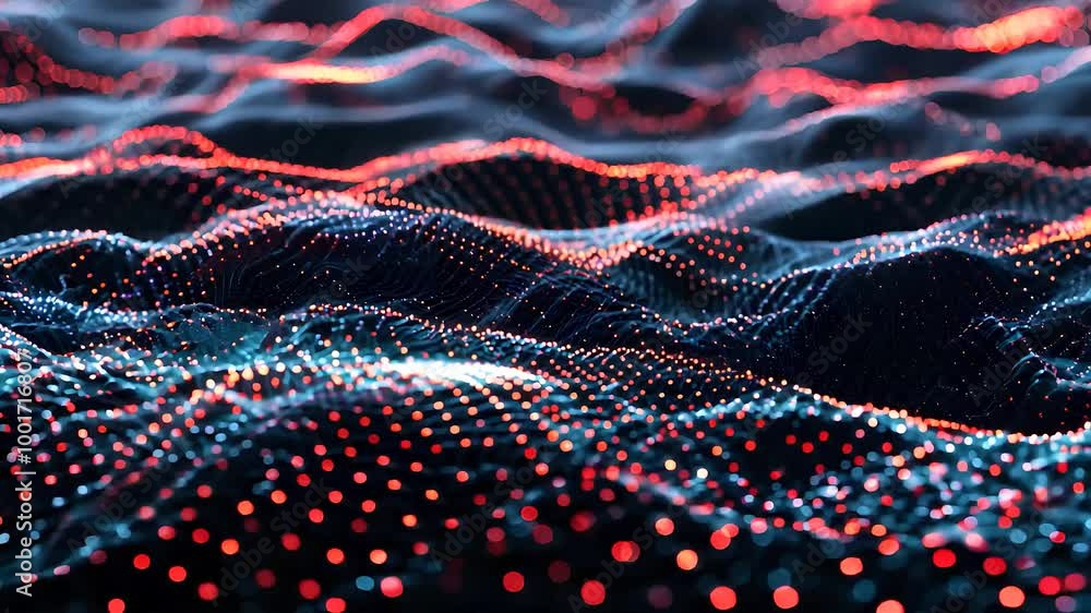 Abstract digital wave of glowing particles in red and blue, representing futuristic data flow and advanced technology in a dynamic, virtual environment Abstract digital wave of glowing particles in red and blue, representing futuristic data flow and advanced technology in a dynamic, virtual environment