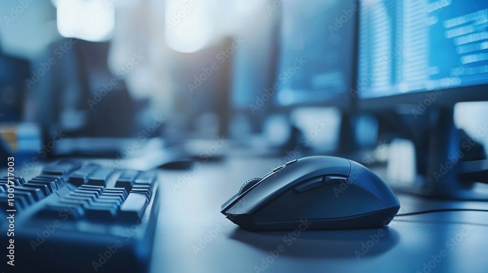Primer plano de un ratón y teclado de computadora en un entorno de oficina moderno y desenfocado Primer plano de un ratón y teclado de computadora en un entorno de oficina moderno y desenfocado