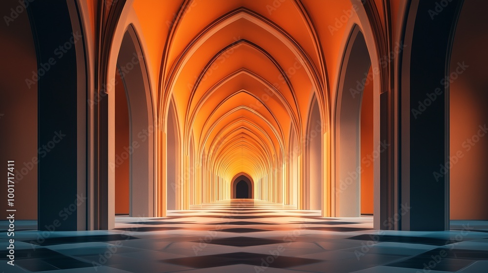 A long hallway with arched ceilings and warm orange light. A long hallway with arched ceilings and warm orange light.