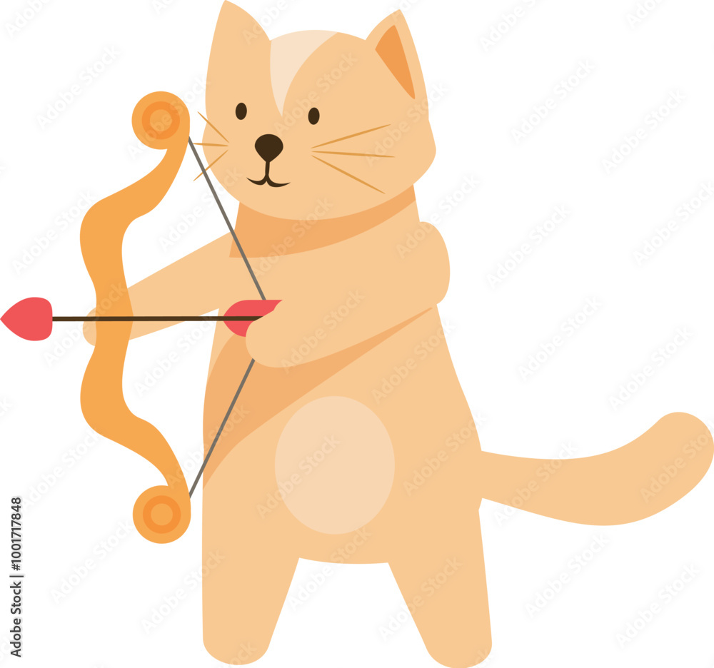 Cute ginger cat is holding a bow and arrow aiming at someone, side view Cute ginger cat is holding a bow and arrow aiming at someone, side view
