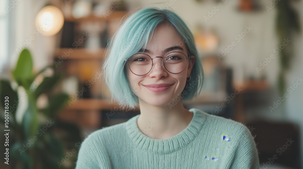 Pastel Blue Bob Hair NonBinary Individual Smiling in Cozy Home Setting with Glasses. Pastel Blue Bob Hair NonBinary Individual Smiling in Cozy Home Setting with Glasses.