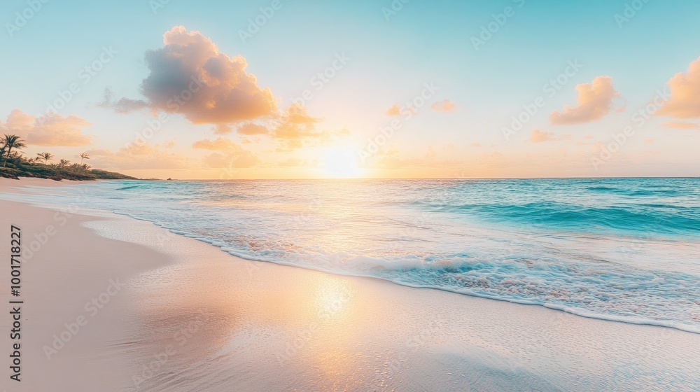 Obraz premium A panoramic view of a sandy beach at sunrise with the sun shining brightly in the sky, the turquoise ocean waves gently crashing on the shore, and a few palm trees in the background.