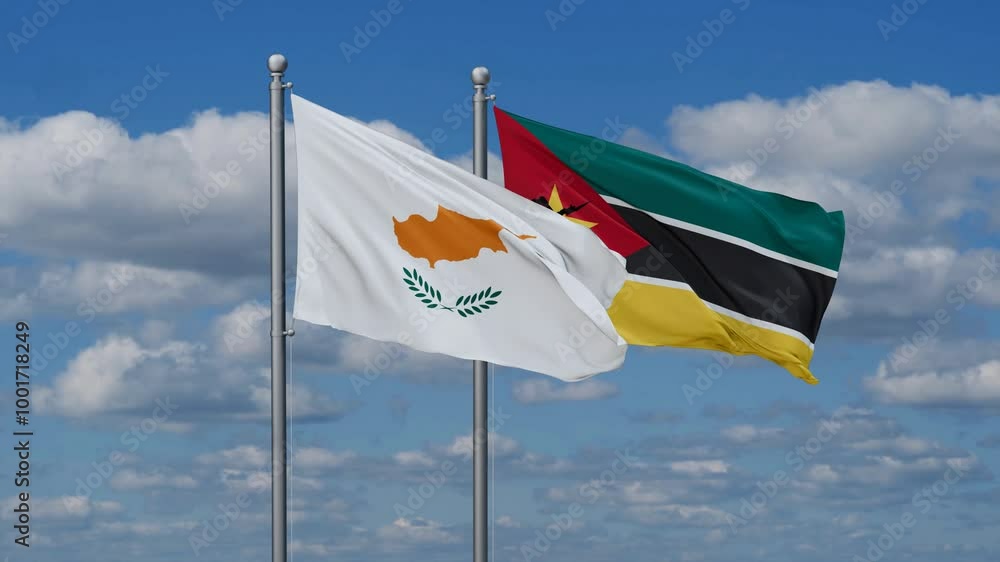 Mozambique and Cyprus flags flying together, video concept of the relationship, two country cooperation concept Mozambique and Cyprus flags flying together, video concept of the relationship, two country cooperation concept