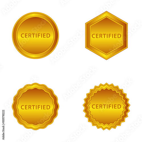 Set of four gold certified badges in different shapes, including round, hexagonal, and scalloped edges. Ideal for certificates, approvals, awards, and premium quality design elements.