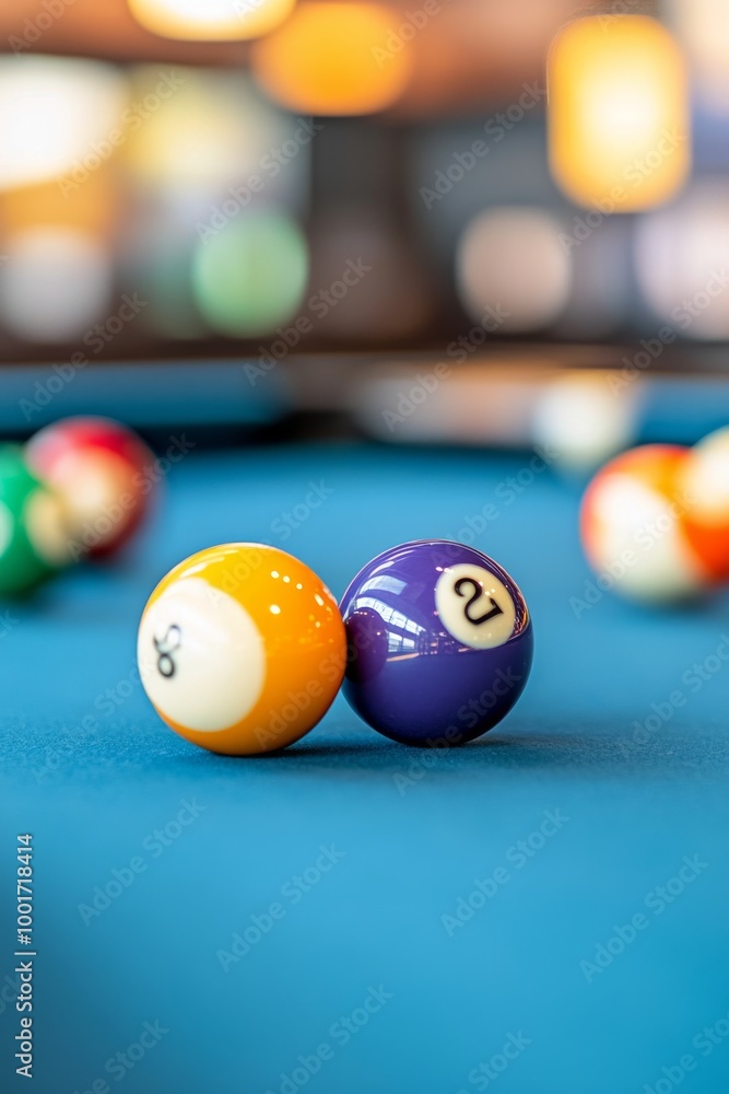 Colorful billiard balls arranged on a vibrant blue felt table at a lively pool hall Colorful billiard balls arranged on a vibrant blue felt table at a lively pool hall