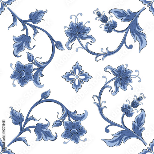 Traditional spanish floral ornament floor tiles. Portuguese motifs. Intricate mosaic pattern design