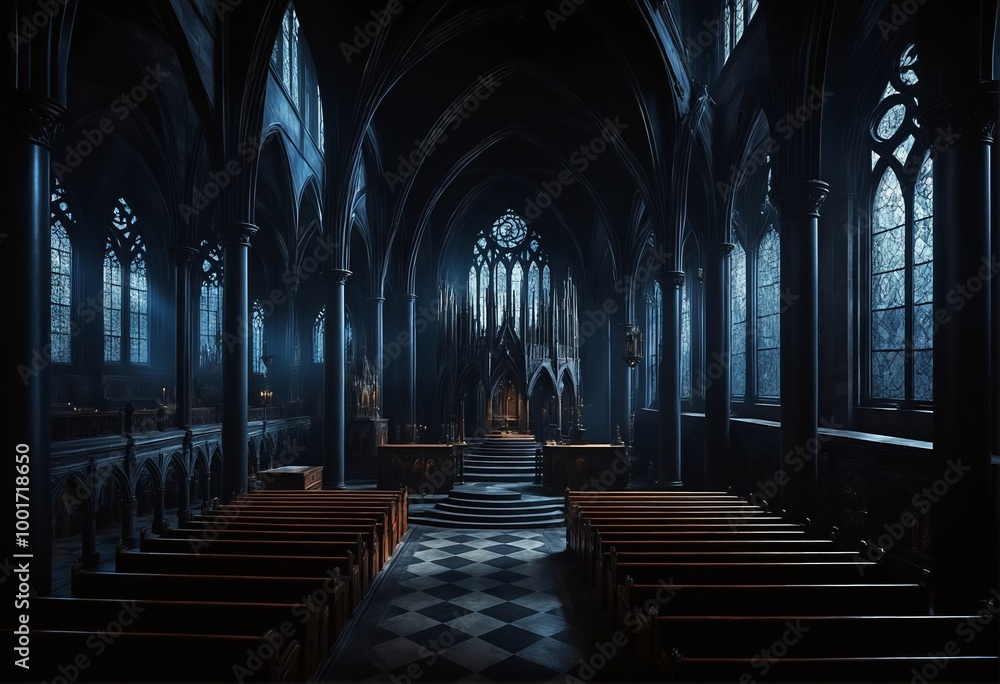 Dark Church Interior with Blue Stained Glass Windows and Ornate Arches Dark Church Interior with Blue Stained Glass Windows and Ornate Arches
