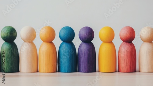 Colorful wooden figures arranged in a row showcasing diversity on a neutral backdrop