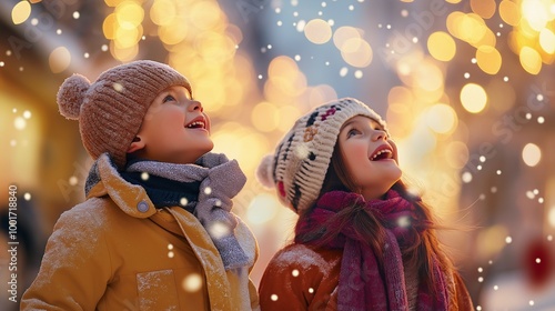 Two children look up in awe at the falling snow and twinkling lights.