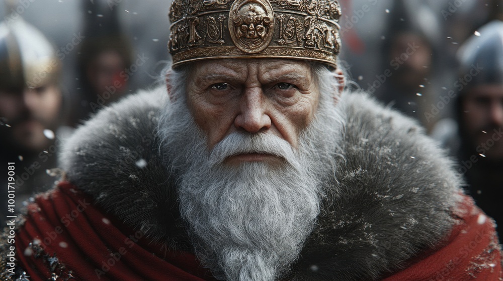 Majestic Historical King Portrait Capturing Regal Essence in a Snowy Atmosphere Majestic Historical King Portrait Capturing Regal Essence in a Snowy Atmosphere