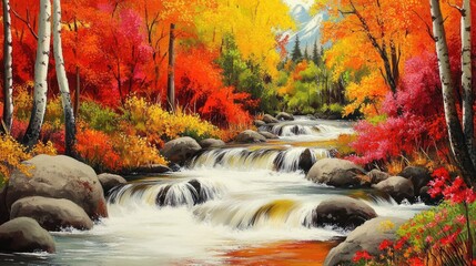 Acrylglasbilder Orange A picturesque autumn landscape painting with a flowing river, cascading waterfalls, and colorful foliage.  © visual artstock
