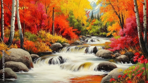 A picturesque autumn landscape painting with a flowing river, cascading waterfalls, and colorful foliage.