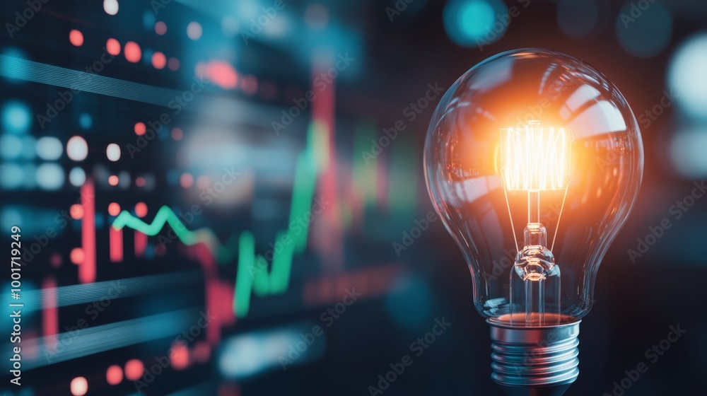 A glowing light bulb symbolizes innovation with financial growth data displayed in the background A glowing light bulb symbolizes innovation with financial growth data displayed in the background
