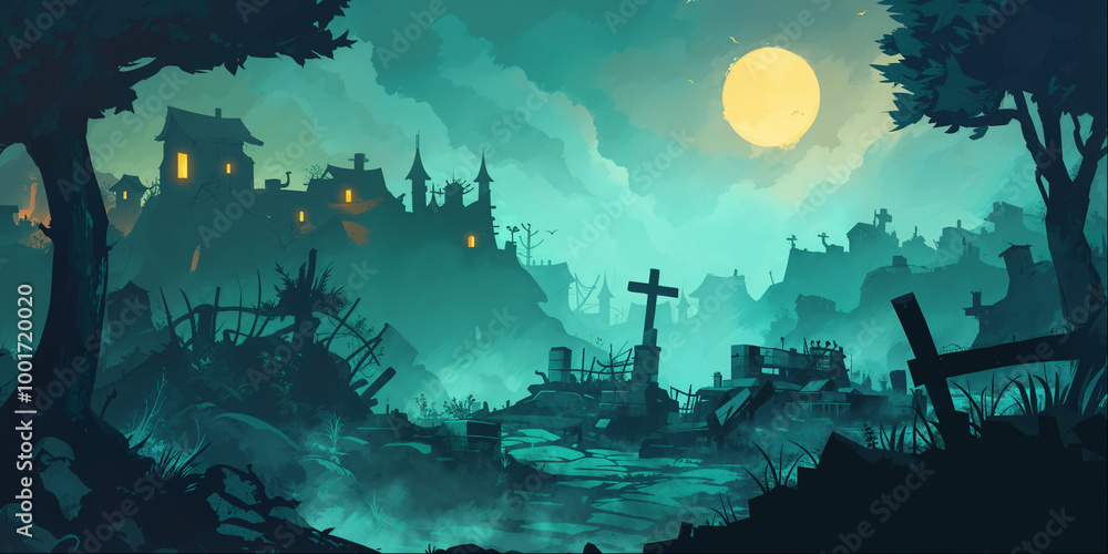Obraz premium Fantasy Cemetery Yard Landscape Background Panorama Concept Drawing image HD Print Neo Game Art V12